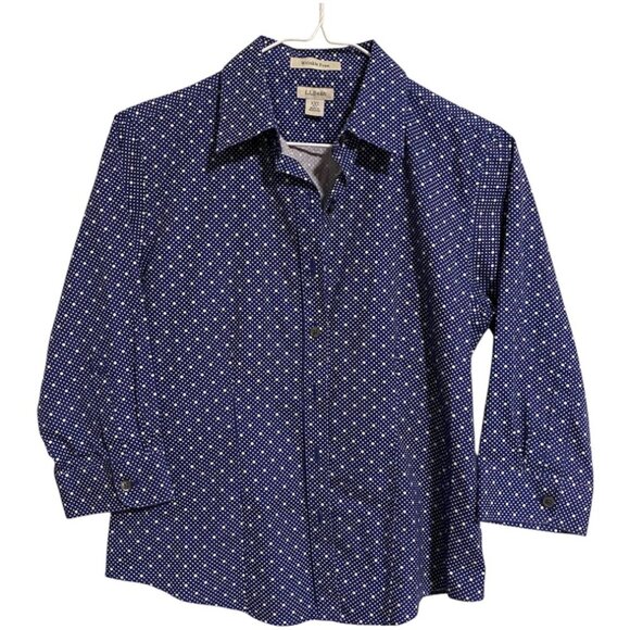LL Bean Women's Wrinkle Free Bu Shirt Size XXS Petite Blue Polka Dot - Picture 1 of 7